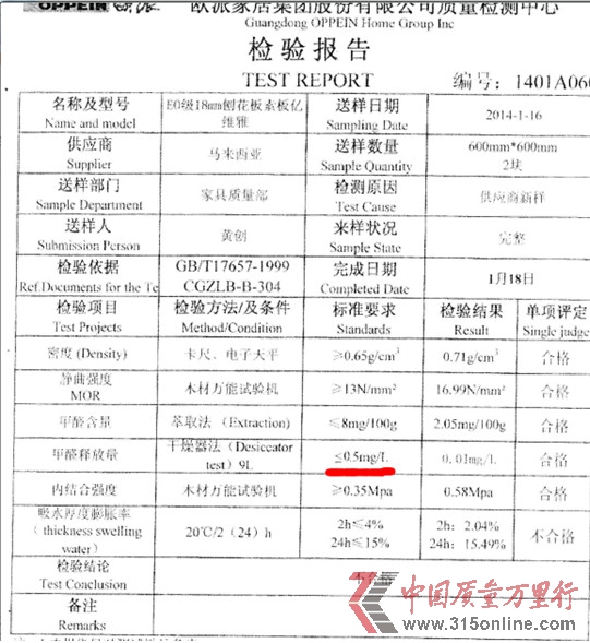 歐派提供的板材通過(guò)馬來(lái)西亞產(chǎn)品檢測(cè)的檢測(cè)結(jié)果